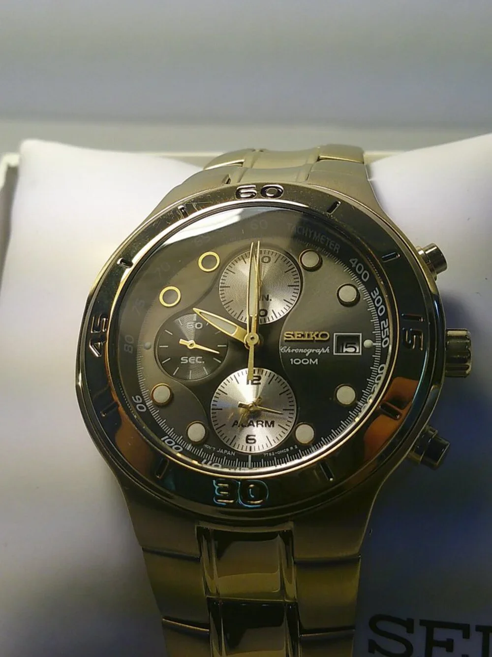 Seiko Chronograph Watch | Gold-Tone | Black Dial | Alarm Function | 100M Water